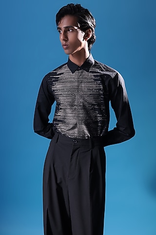 Black Egyptian Giza Cotton Zari Embroidered Shirt by The Culture