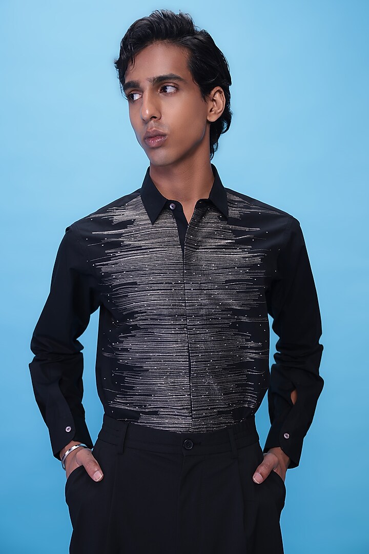 Black Egyptian Giza Cotton Zari Embroidered Party Wear Shirt by The Culture at Pernia's Pop Up Shop