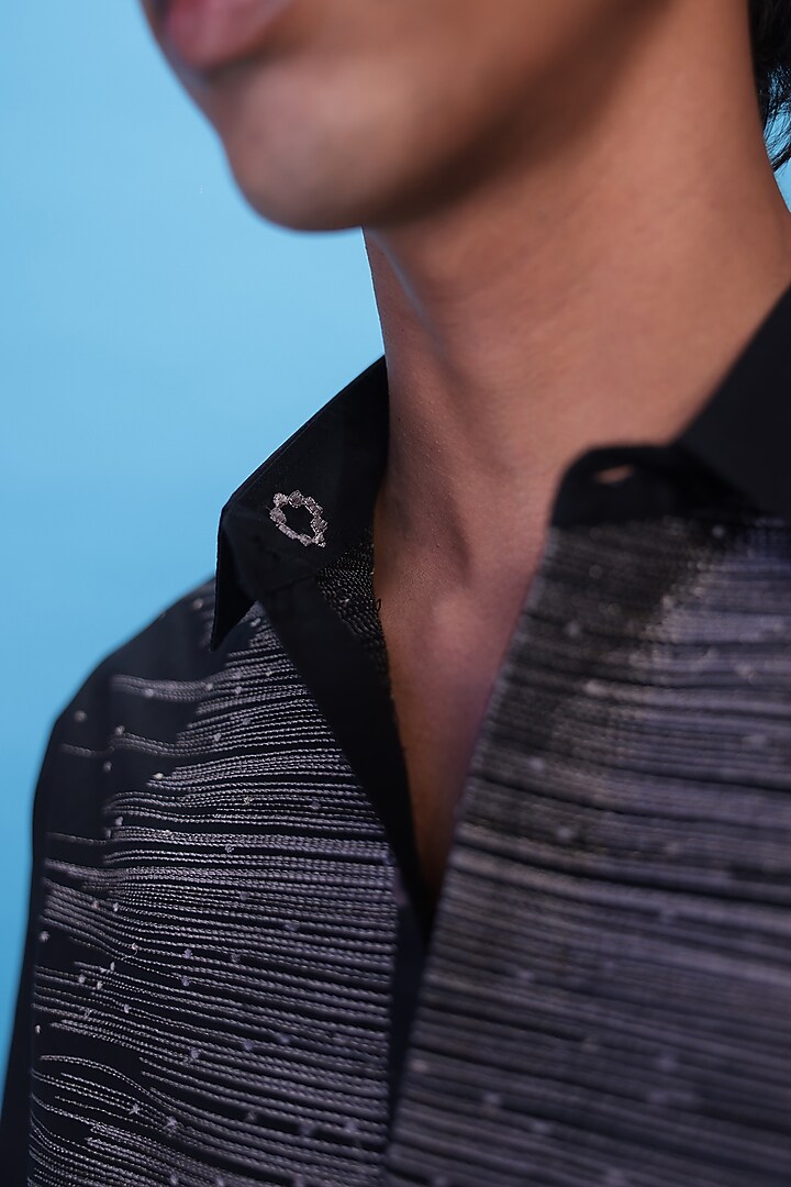 Black Egyptian Giza Cotton Zari Embroidered Party Wear Shirt by The Culture at Pernia's Pop Up Shop
