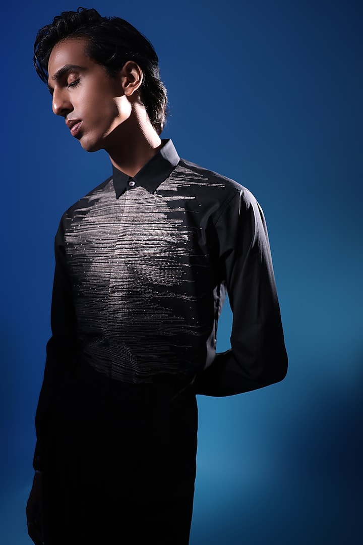 Black Egyptian Giza Cotton Zari Embroidered Party Wear Shirt by The Culture at Pernia's Pop Up Shop