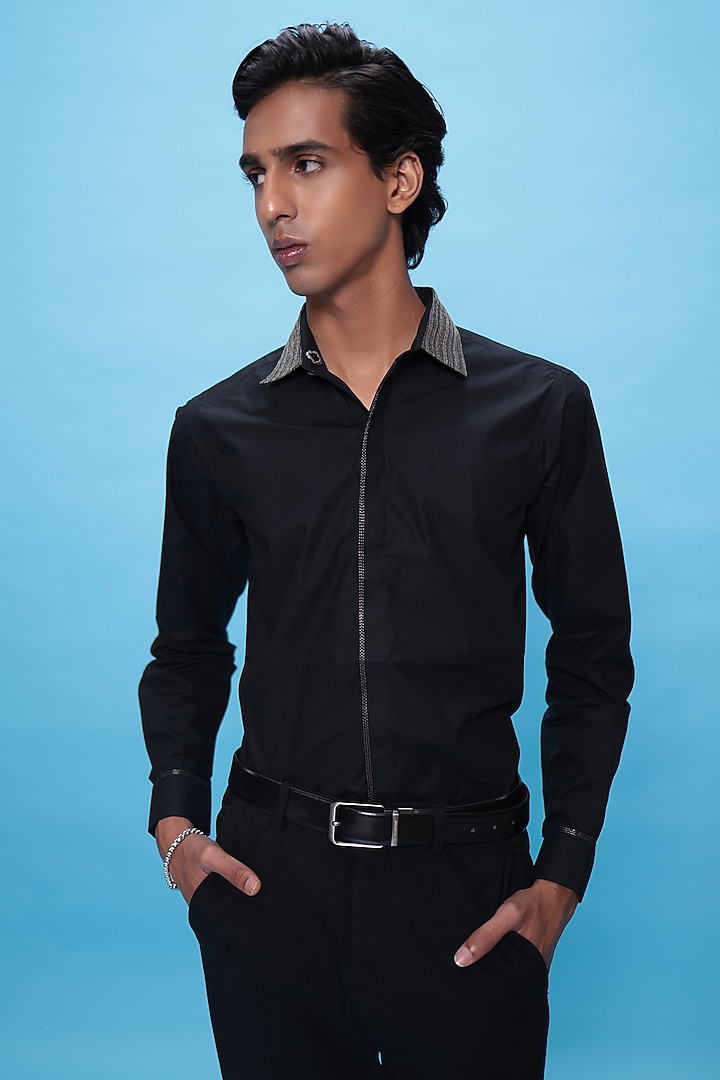 Black Egyptian Giza Cotton Zari Embroidered Summer Shirt by The Culture at Pernia's Pop Up Shop