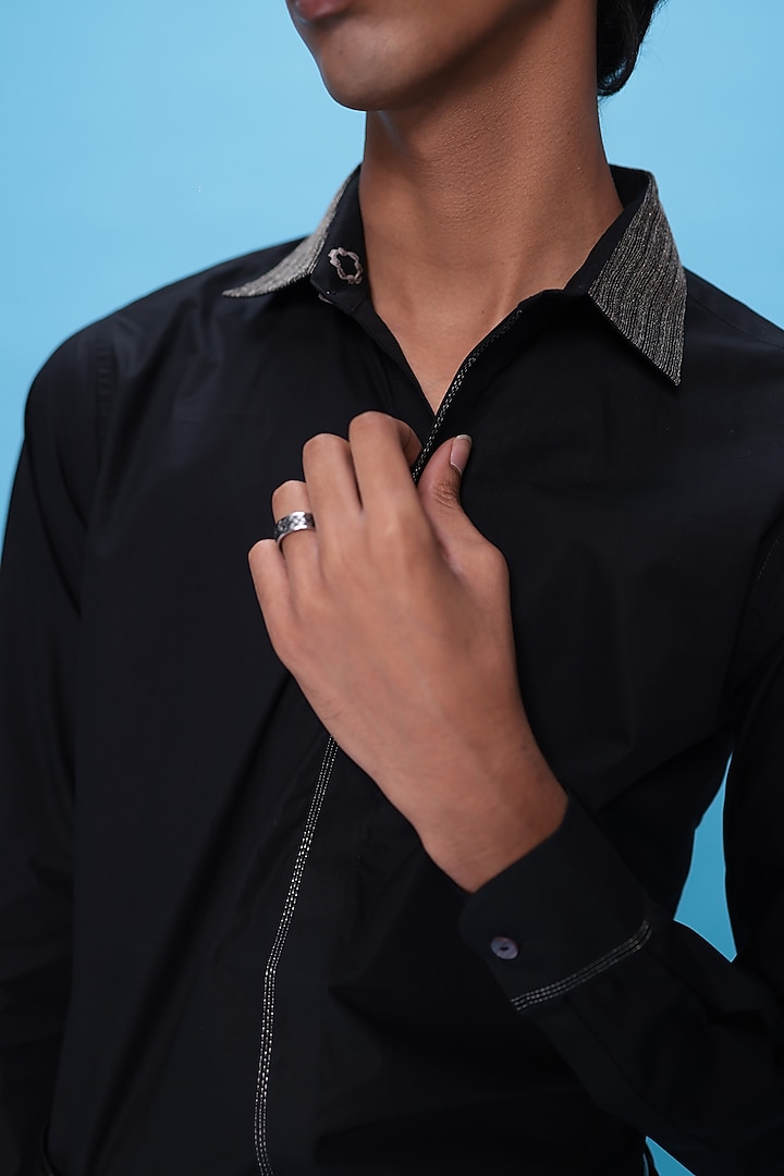 Black Egyptian Giza Cotton Zari Embroidered Summer Shirt by The Culture at Pernia's Pop Up Shop