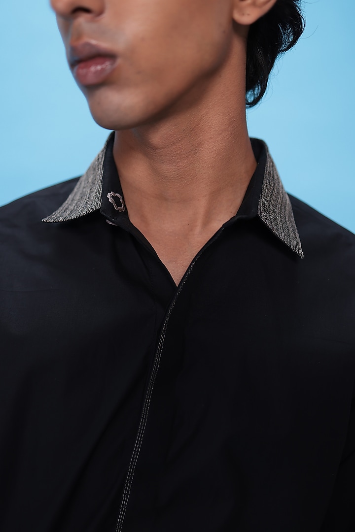 Black Egyptian Giza Cotton Zari Embroidered Summer Shirt by The Culture at Pernia's Pop Up Shop