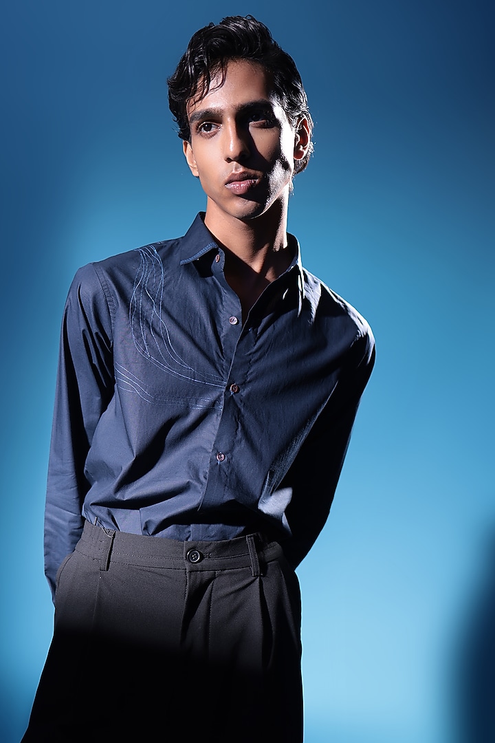Blue Egyptian Giza Cotton Embroidered Summer Shirt by The Culture at Pernia's Pop Up Shop