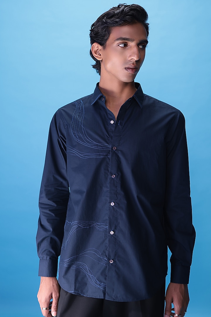 Blue Egyptian Giza Cotton Embroidered Summer Shirt by The Culture at Pernia's Pop Up Shop