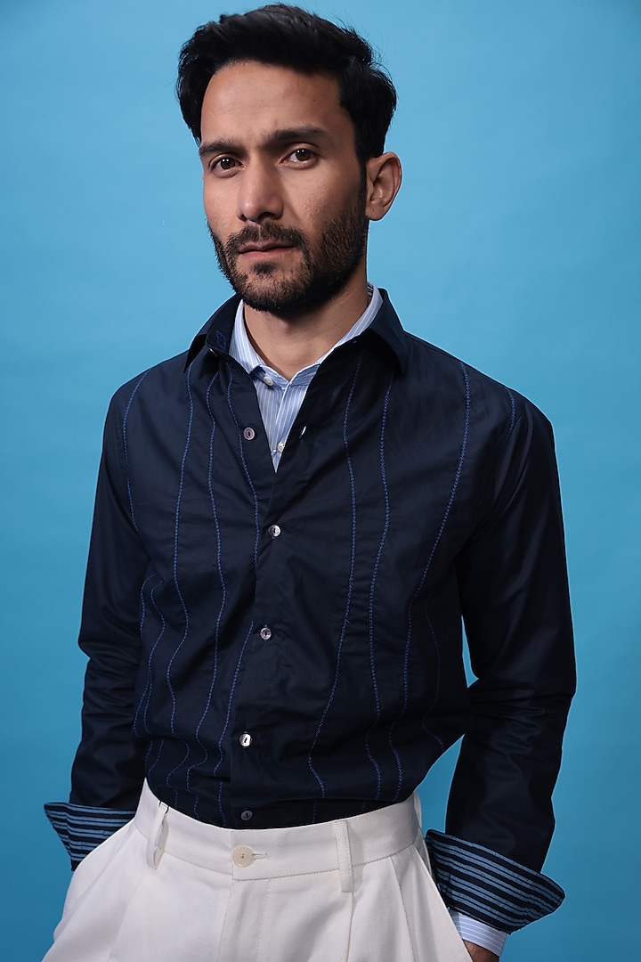 Blue Egyptian Giza Cotton Embroidered Summer Shirt by The Culture at Pernia's Pop Up Shop