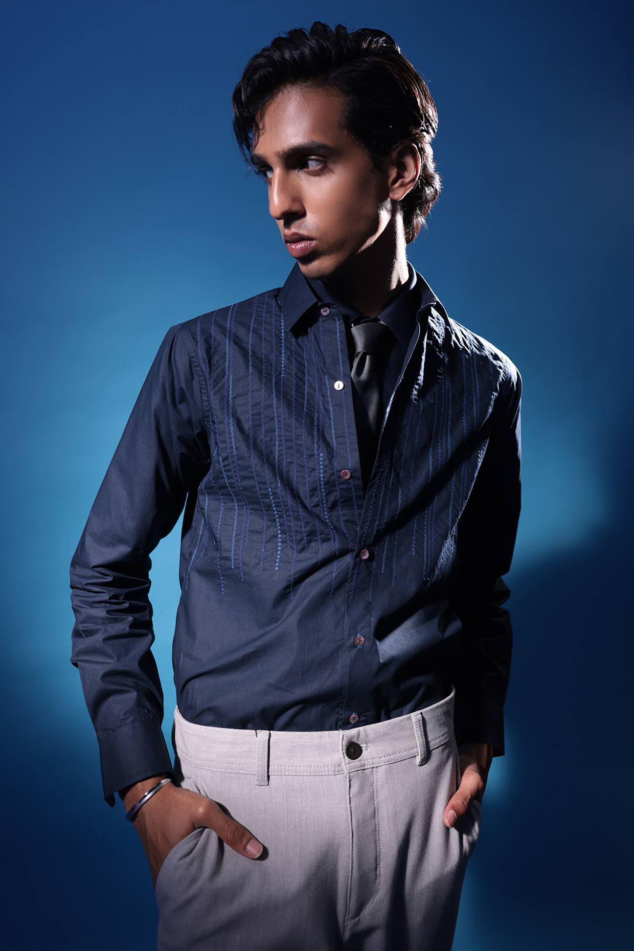 Blue Egyptian Giza Cotton Thread Embroidered Shirt by The Culture