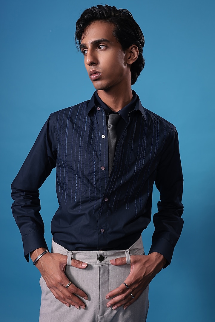 Blue Egyptian Giza Cotton Thread Embroidered Summer Shirt by The Culture at Pernia's Pop Up Shop