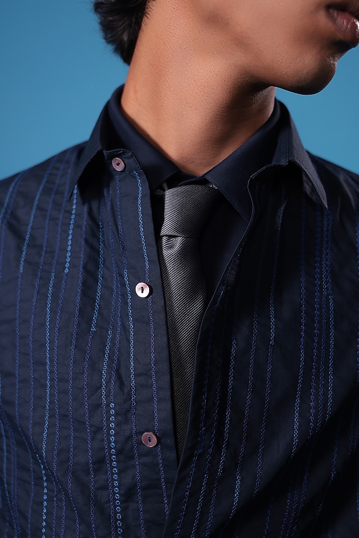 Blue Egyptian Giza Cotton Thread Embroidered Summer Shirt by The Culture at Pernia's Pop Up Shop