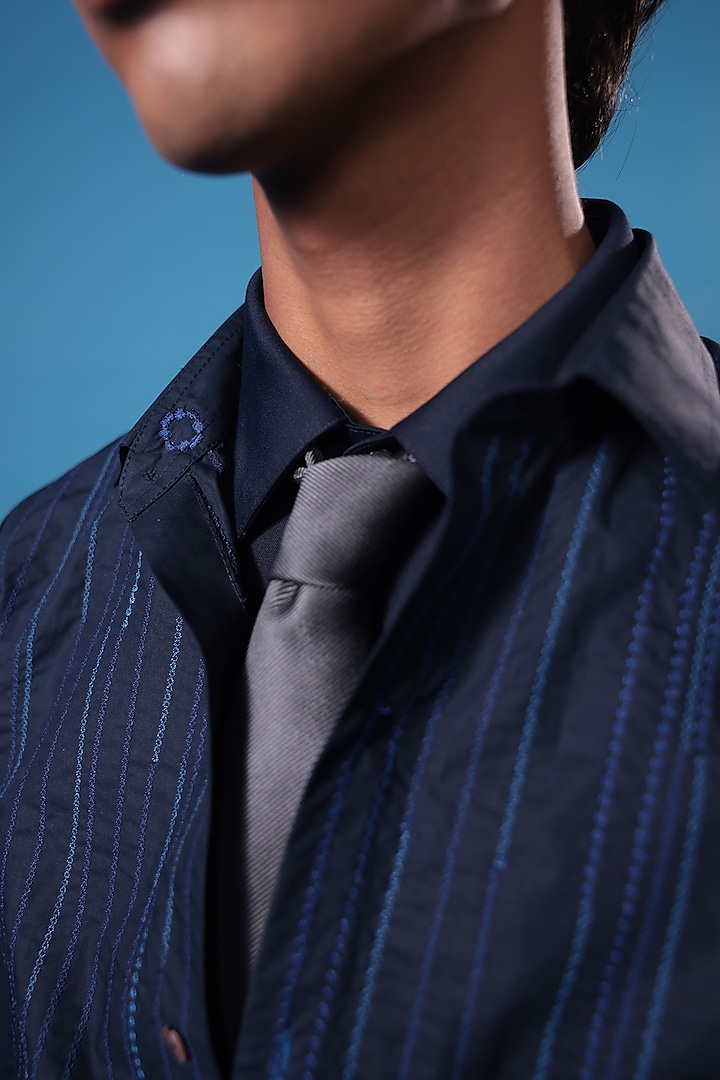 Blue Egyptian Giza Cotton Thread Embroidered Summer Shirt by The Culture at Pernia's Pop Up Shop