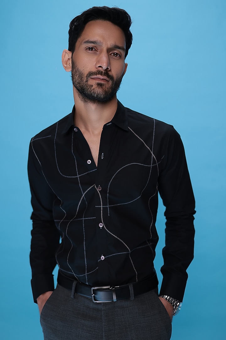 Black Egyptian Giza Cotton Abstract Embroidered Summer Shirt by The Culture at Pernia's Pop Up Shop