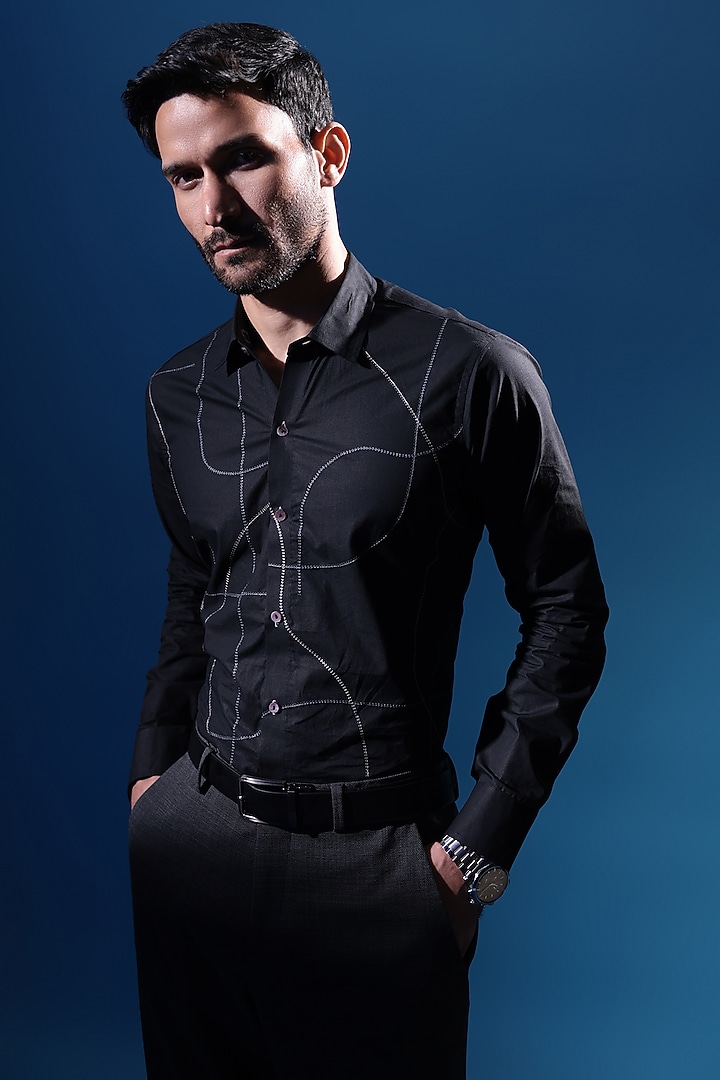 Black Egyptian Giza Cotton Abstract Embroidered Summer Shirt by The Culture at Pernia's Pop Up Shop