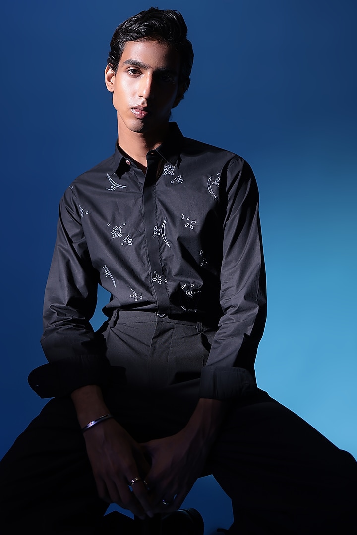 Black Egyptian Giza Cotton Embroidered Summer Shirt by The Culture at Pernia's Pop Up Shop