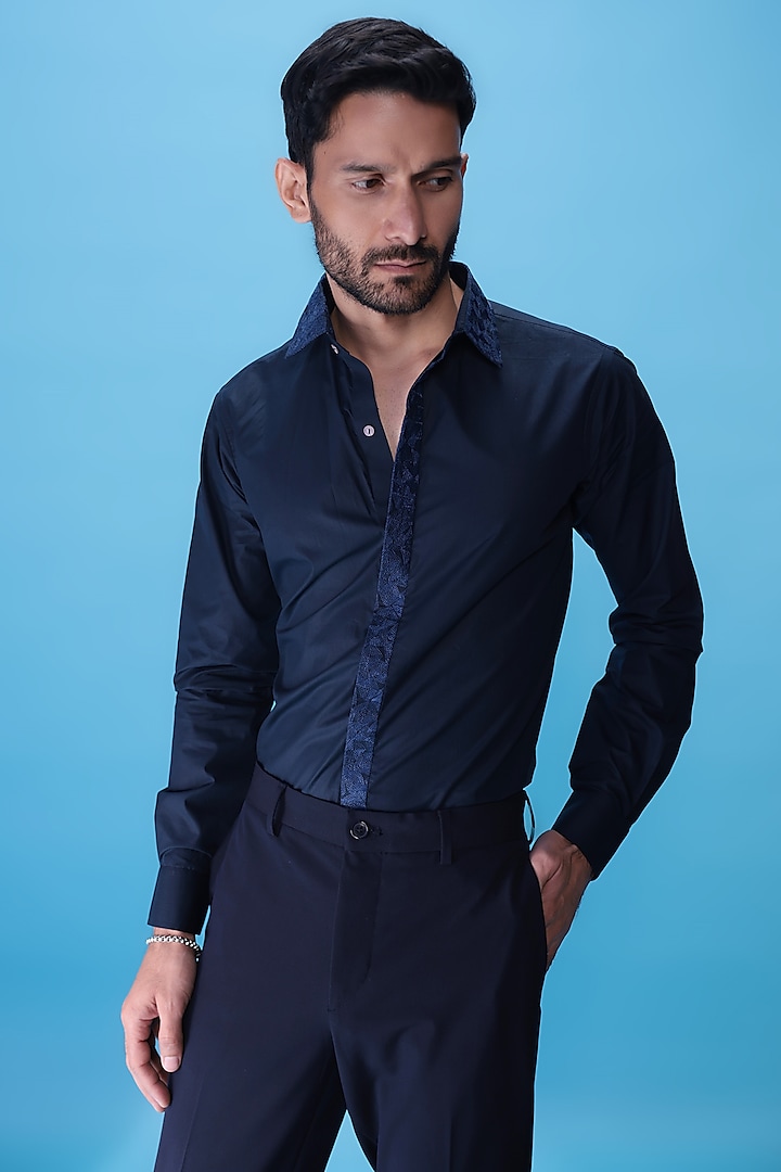 Blue Egyptian Giza Cotton Embroidered Summer Shirt by The Culture at Pernia's Pop Up Shop