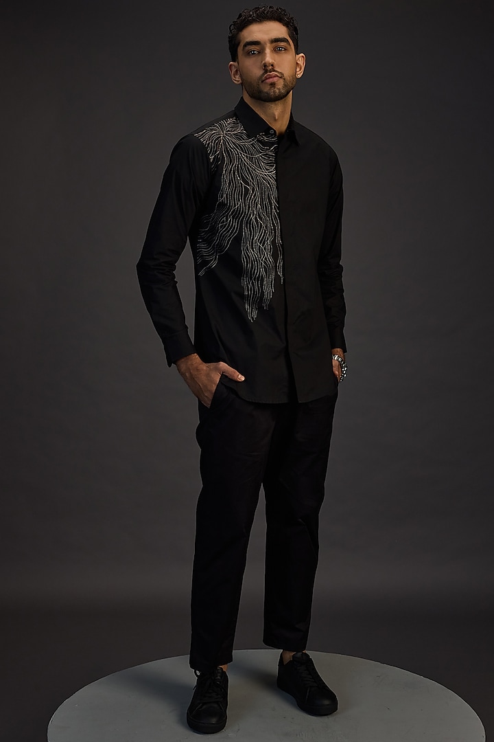 Black Egyptian Giza Cotton Embroidered Summer Shirt by The Culture at Pernia's Pop Up Shop