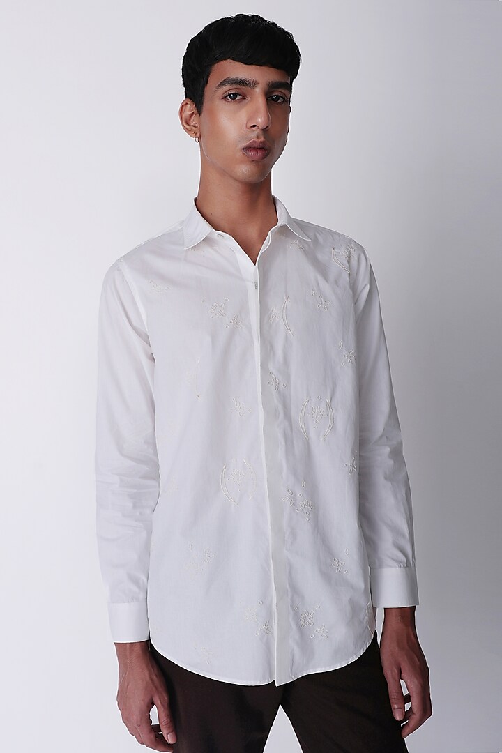 Off-White Egyptian Giza Cotton Floral Embroidered Shirt by The Culture