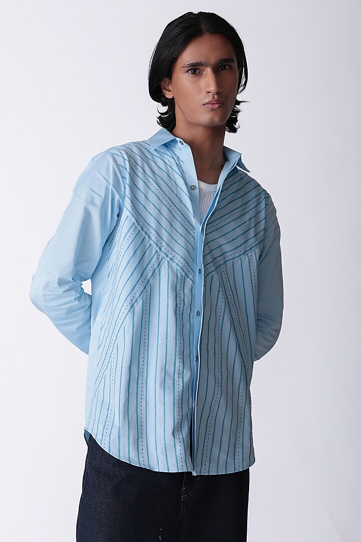 Blue Egyptian Giza Cotton Hand Block Printed & Embroidered Shirt by The Culture