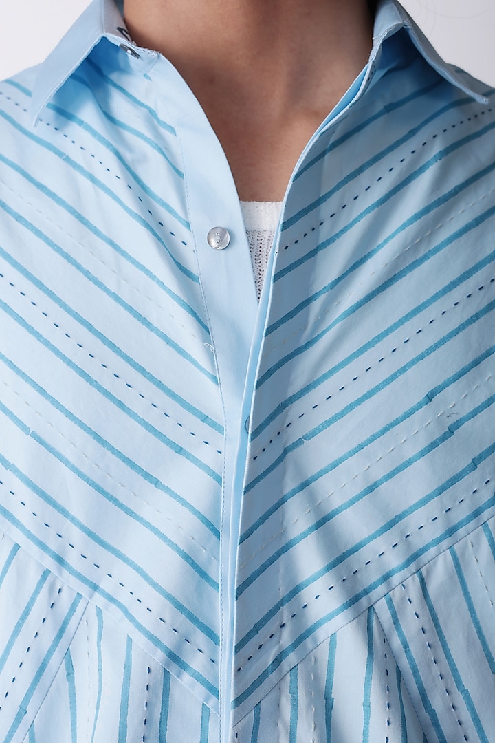 Blue Egyptian Giza Cotton Hand Block Printed & Embroidered Summer Shirt by The Culture at Pernia's Pop Up Shop