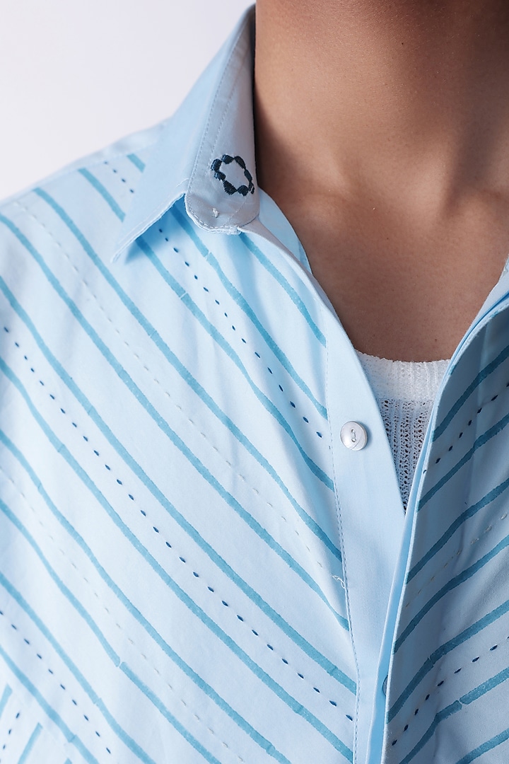 Blue Egyptian Giza Cotton Hand Block Printed & Embroidered Summer Shirt by The Culture at Pernia's Pop Up Shop