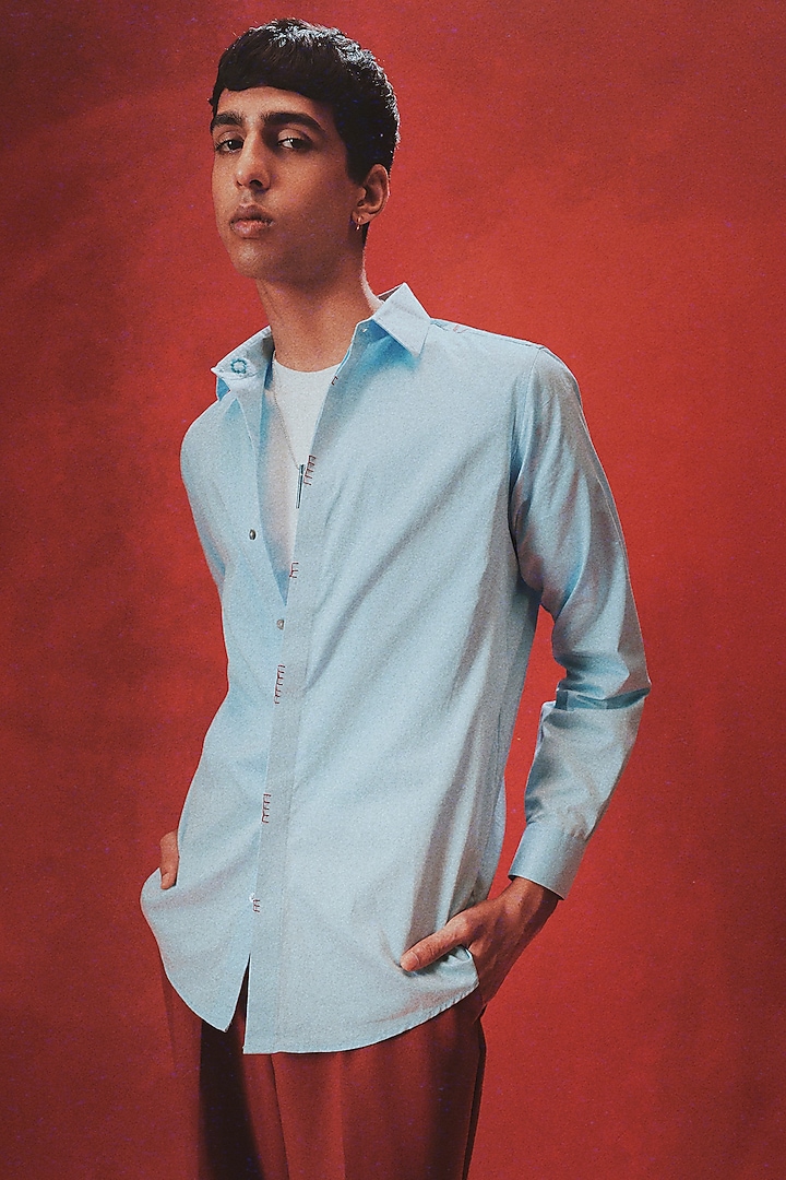 Blue Egyptian Giza Cotton Printed & Patchwork Summer Shirt by The Culture at Pernia's Pop Up Shop