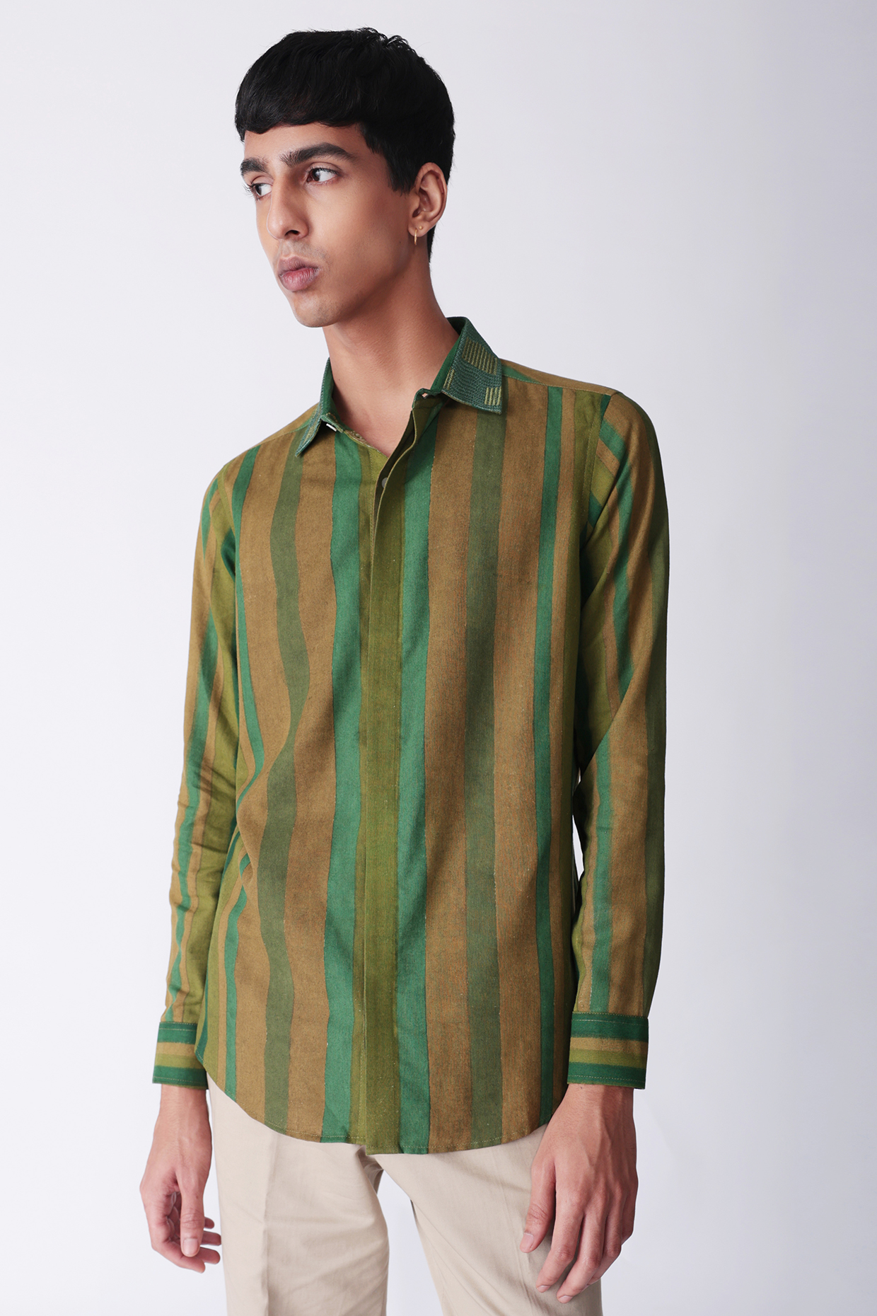 Green Pure Cotton Linen Hand Block Printed & Embroidered Shirt by The Culture