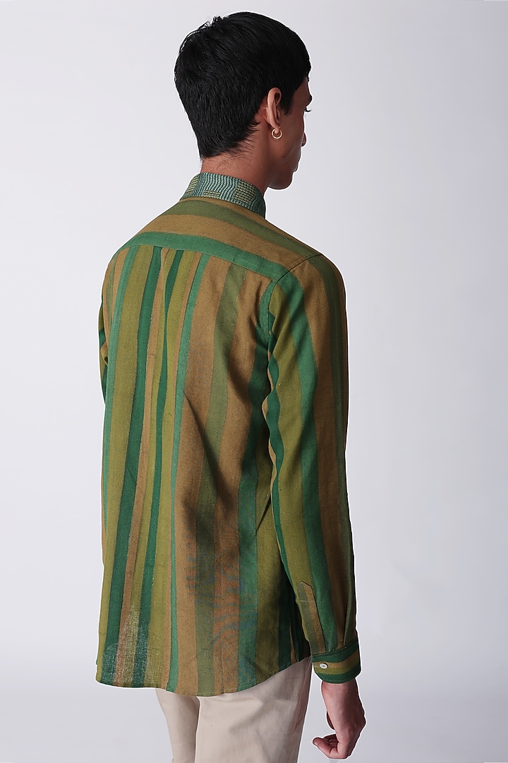 Green Pure Cotton Linen Hand Block Printed & Embroidered Party Wear Shirt by The Culture at Pernia's Pop Up Shop