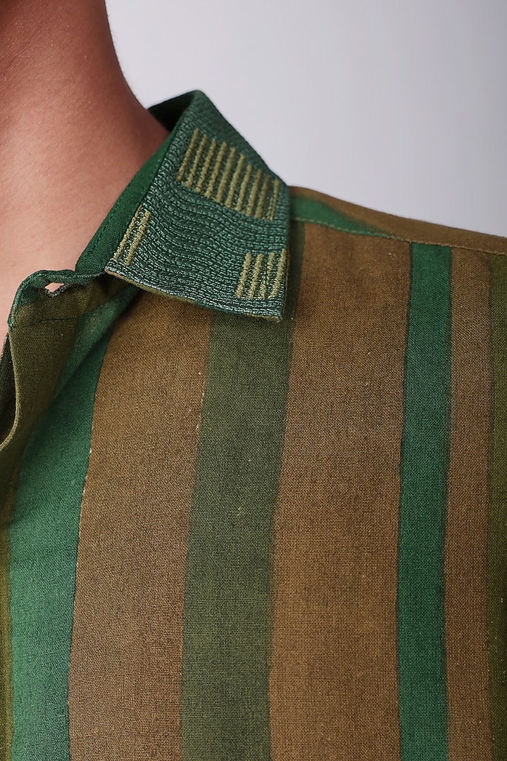 Green Pure Cotton Linen Hand Block Printed & Embroidered Party Wear Shirt by The Culture at Pernia's Pop Up Shop