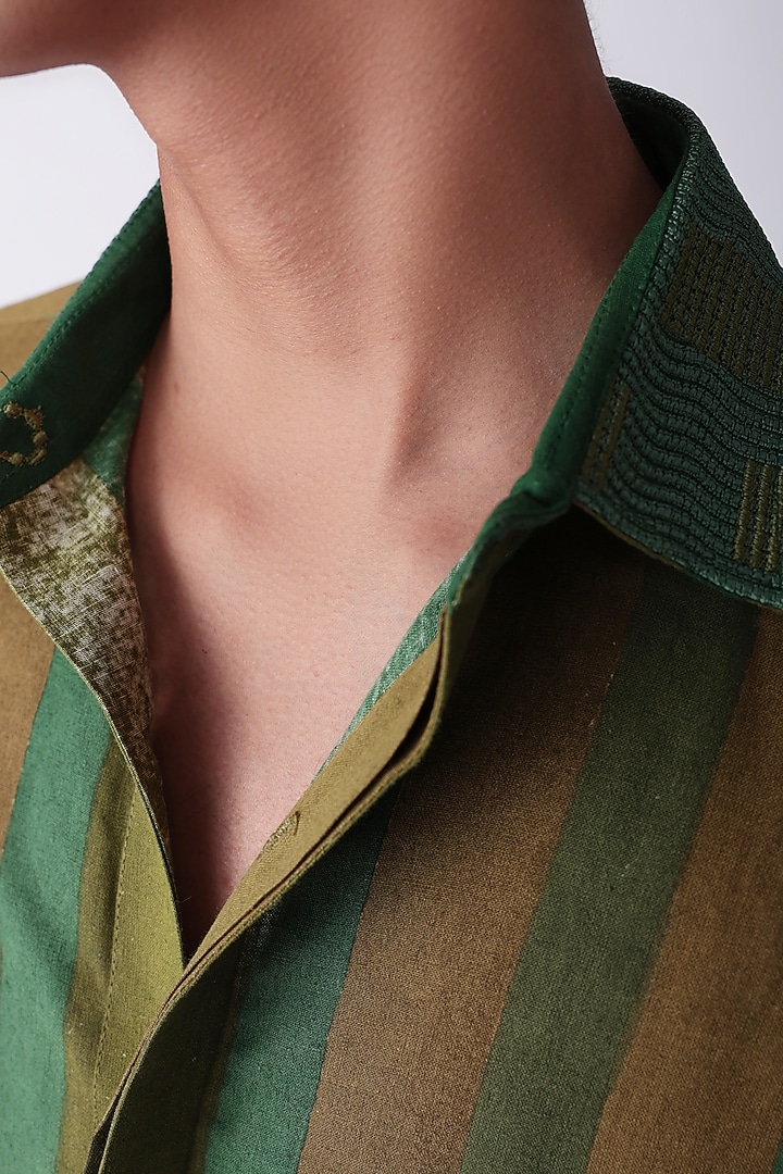 Green Pure Cotton Linen Hand Block Printed & Embroidered Party Wear Shirt by The Culture at Pernia's Pop Up Shop