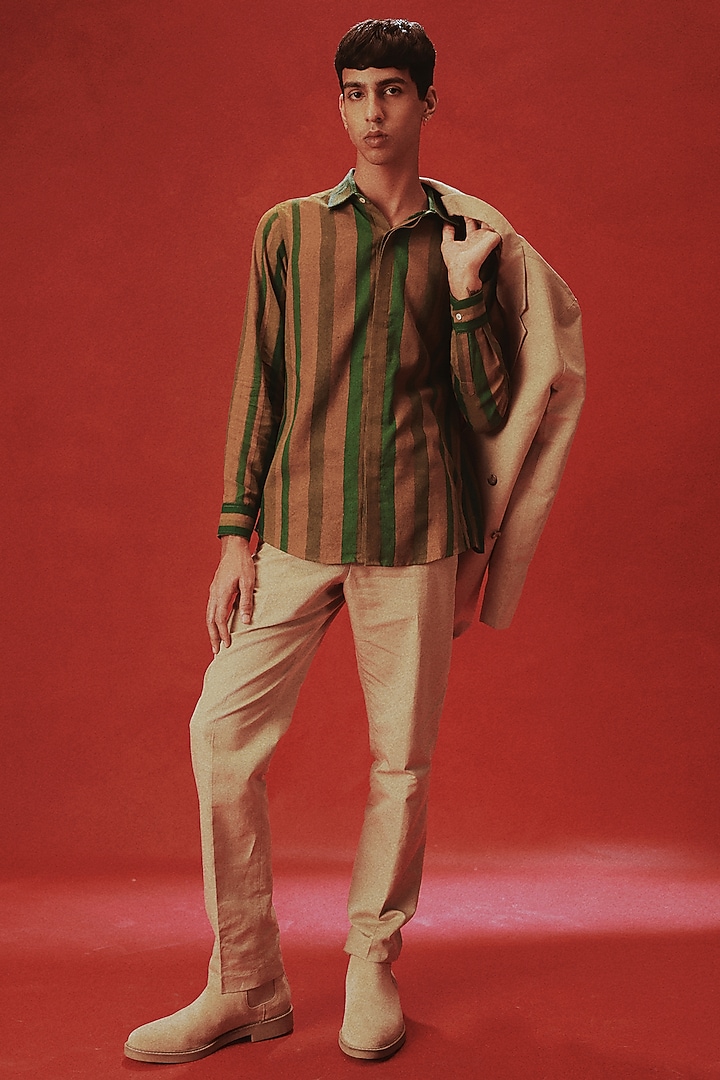 Green Pure Cotton Linen Hand Block Printed & Embroidered Party Wear Shirt by The Culture at Pernia's Pop Up Shop