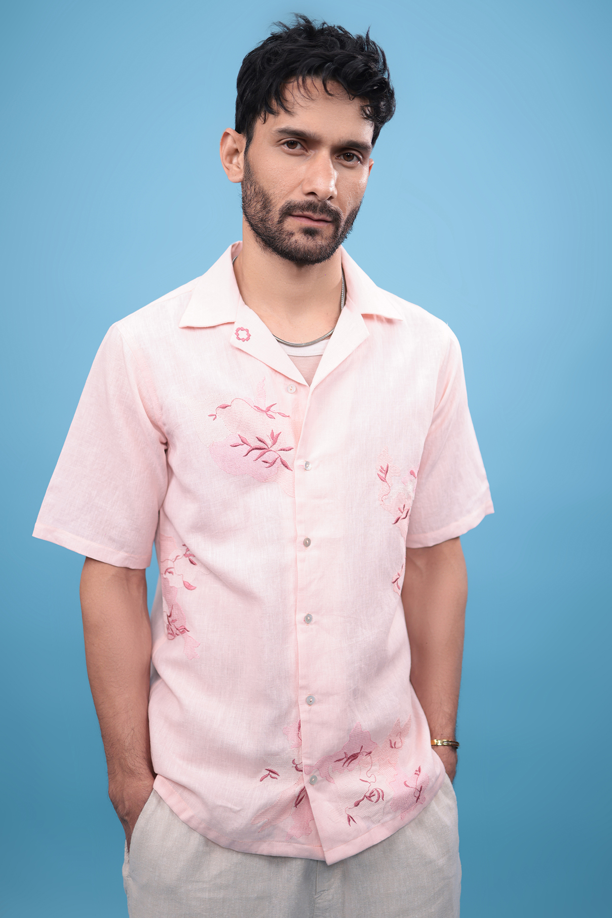Pink Cotton & Linen Floral Embroidered Shirt by The Culture