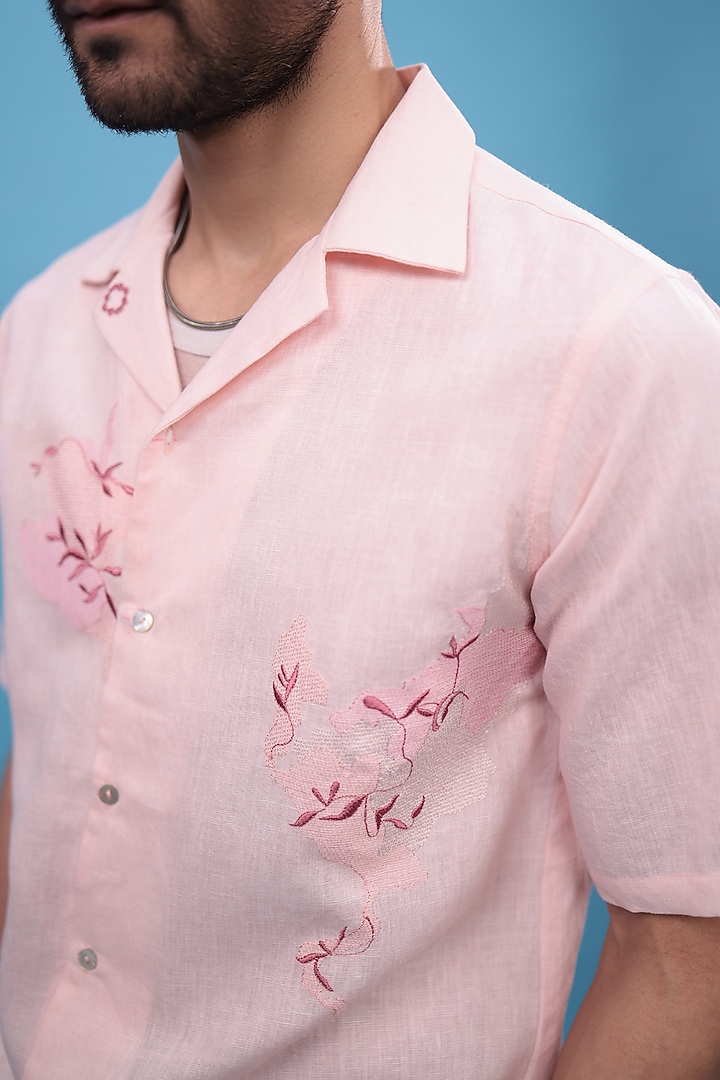 Pink Cotton & Linen Floral Embroidered Summer Shirt by The Culture at Pernia's Pop Up Shop