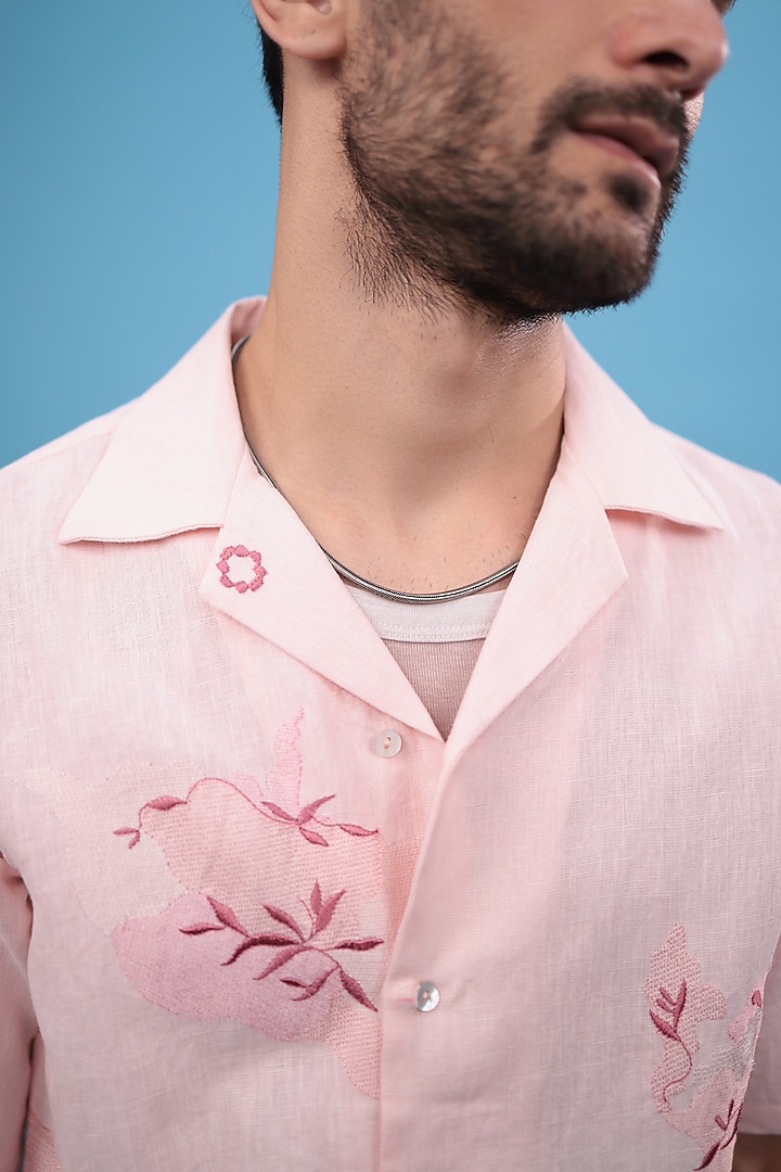 Pink Cotton & Linen Floral Embroidered Summer Shirt by The Culture at Pernia's Pop Up Shop