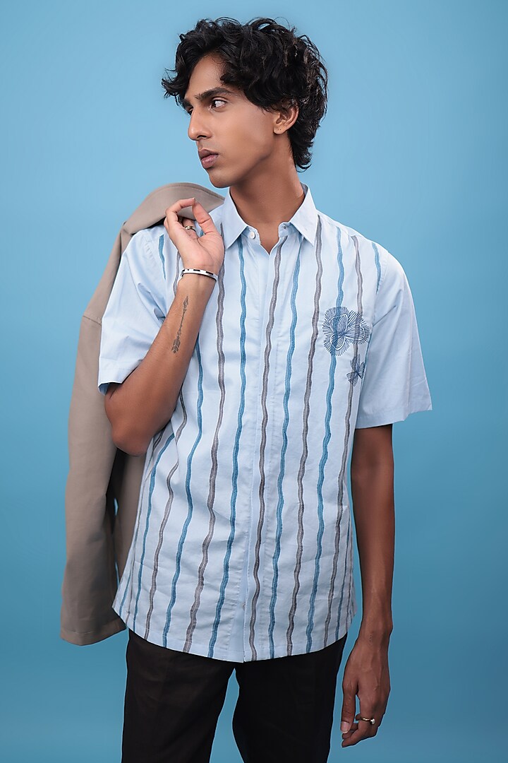 Blue Egyptian Giza Cotton Hand Painted & Floral Embroidered Shirt by The Culture