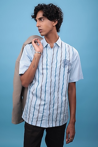 Blue Egyptian Giza Cotton Hand Painted & Floral Embroidered Shirt by The Culture