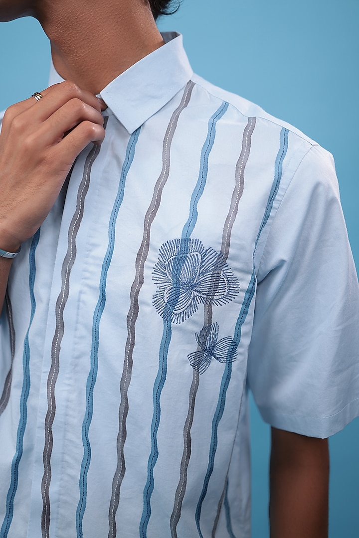 Blue Egyptian Giza Cotton Hand Painted & Floral Embroidered Party Wear Shirt by The Culture at Pernia's Pop Up Shop