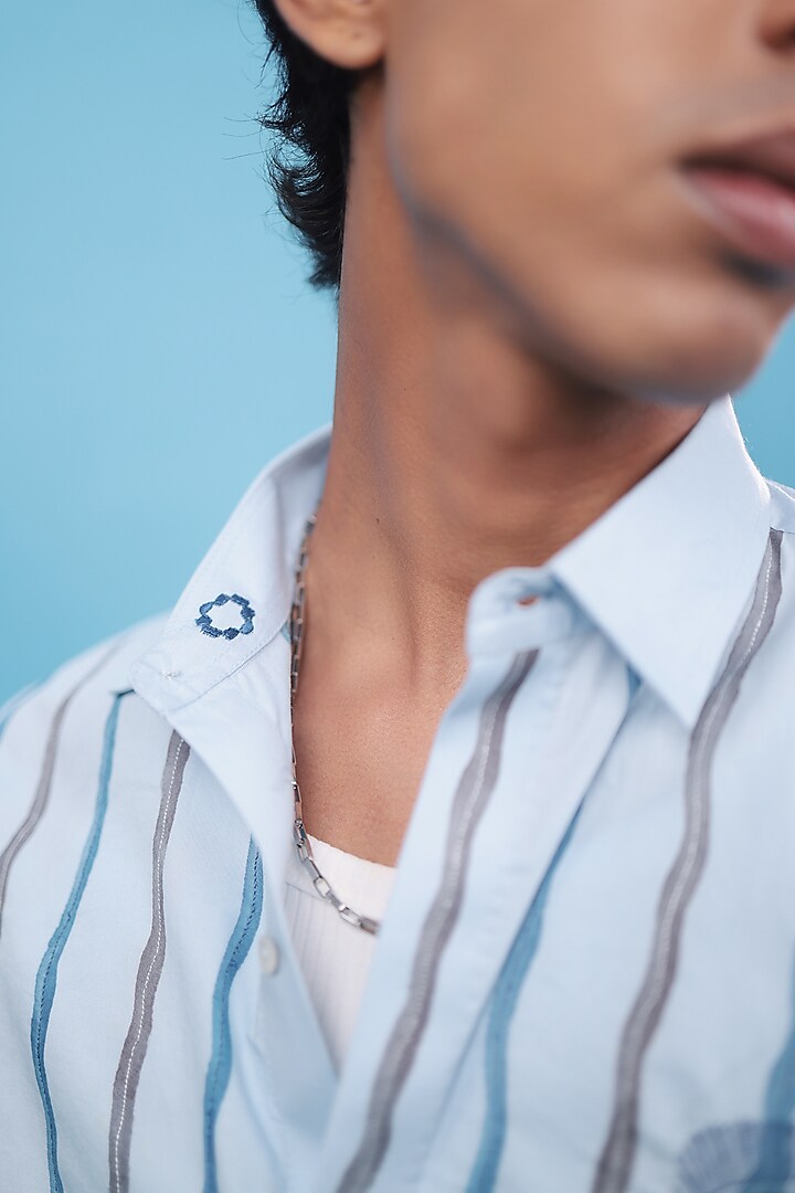 Blue Egyptian Giza Cotton Hand Painted & Floral Embroidered Party Wear Shirt by The Culture at Pernia's Pop Up Shop