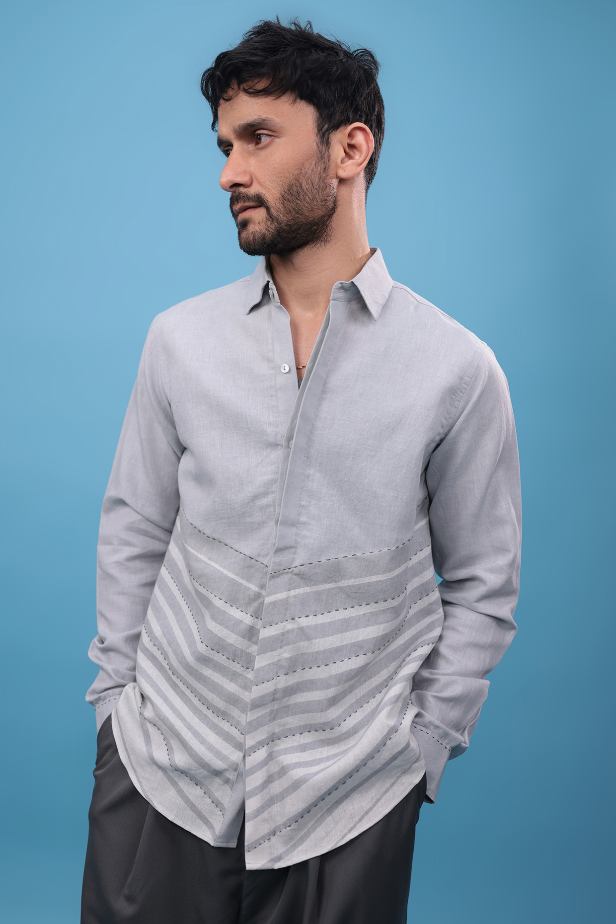 Grey Pure Linen Hand Block Printed & Kantha Embroidered Shirt by The Culture