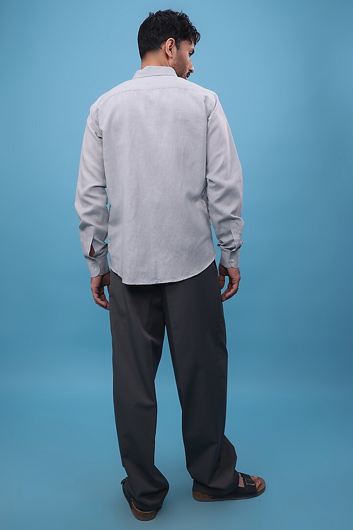 Grey Pure Linen Hand Block Printed & Kantha Embroidered Party Wear Shirt by The Culture at Pernia's Pop Up Shop