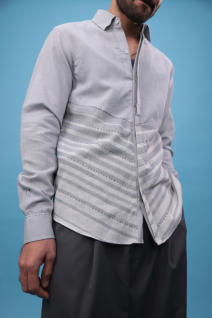 Grey Pure Linen Hand Block Printed & Kantha Embroidered Party Wear Shirt by The Culture at Pernia's Pop Up Shop