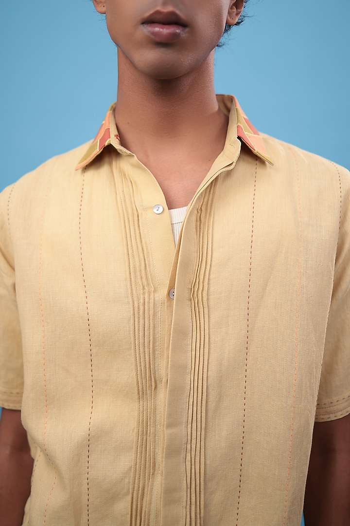 Mustard Pure Linen Party Wear Shirt by The Culture at Pernia's Pop Up Shop