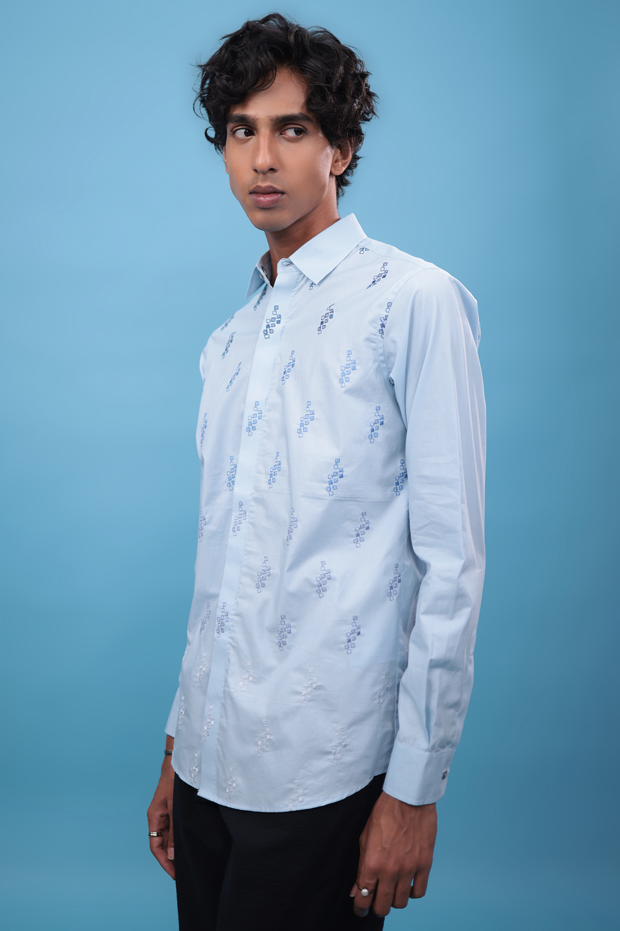 Blue Egyptian Giza Cotton Motif & Thread Embroidered Shirt by The Culture