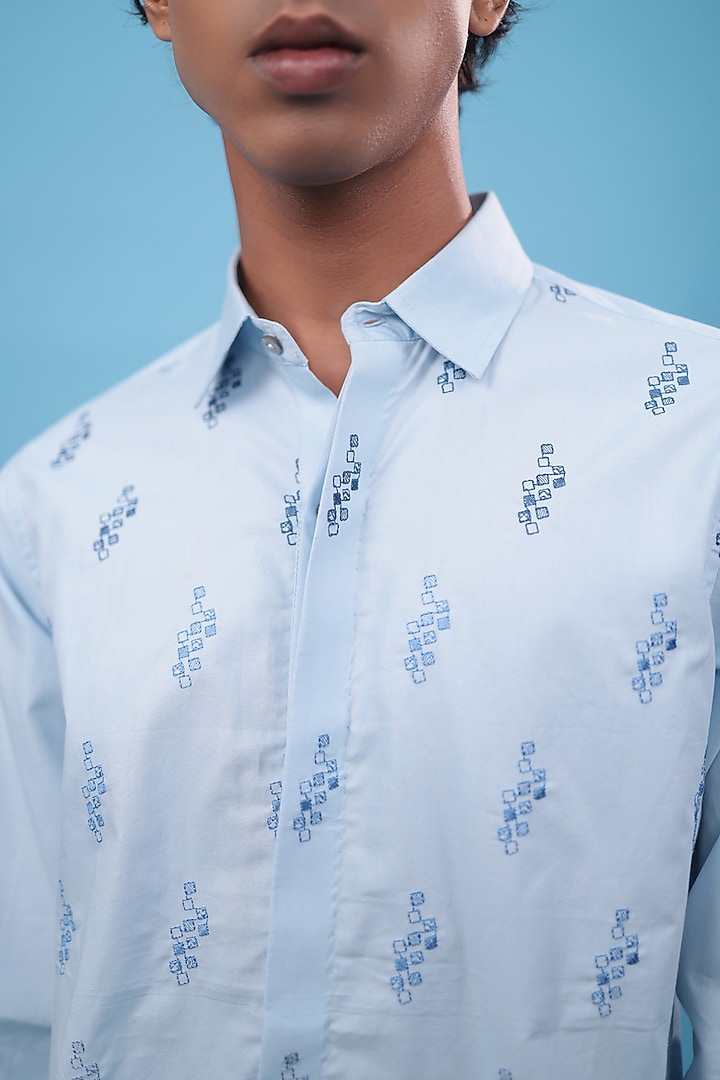 Blue Egyptian Giza Cotton Motif & Thread Embroidered Summer Shirt by The Culture at Pernia's Pop Up Shop