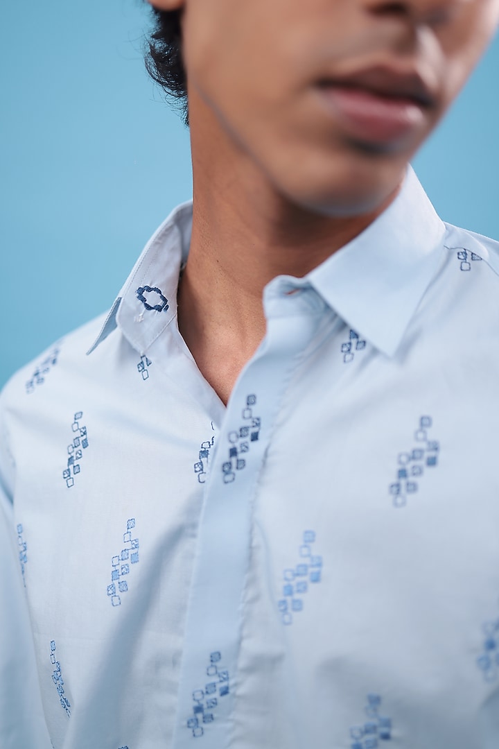 Blue Egyptian Giza Cotton Motif & Thread Embroidered Summer Shirt by The Culture at Pernia's Pop Up Shop