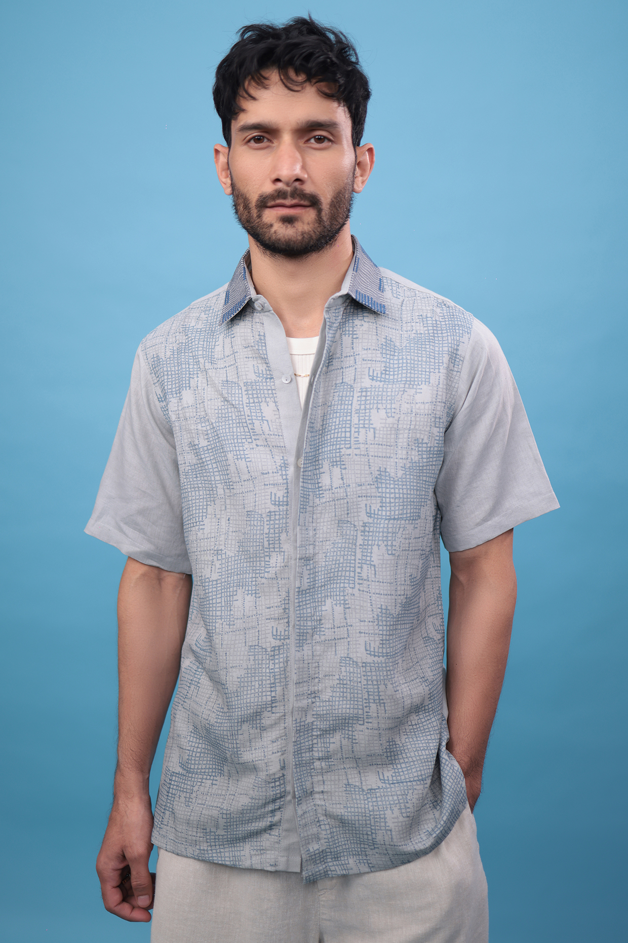 Grey Cotton Linen Hand Block Printed & Embroidered Shirt by The Culture