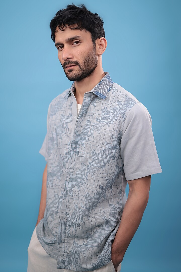 Grey Cotton Linen Hand Block Printed & Embroidered Party Wear Shirt by The Culture at Pernia's Pop Up Shop