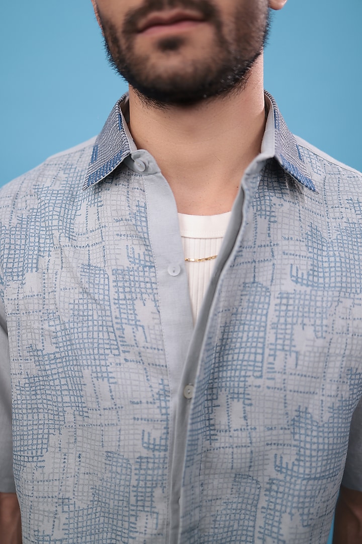 Grey Cotton Linen Hand Block Printed & Embroidered Party Wear Shirt by The Culture at Pernia's Pop Up Shop
