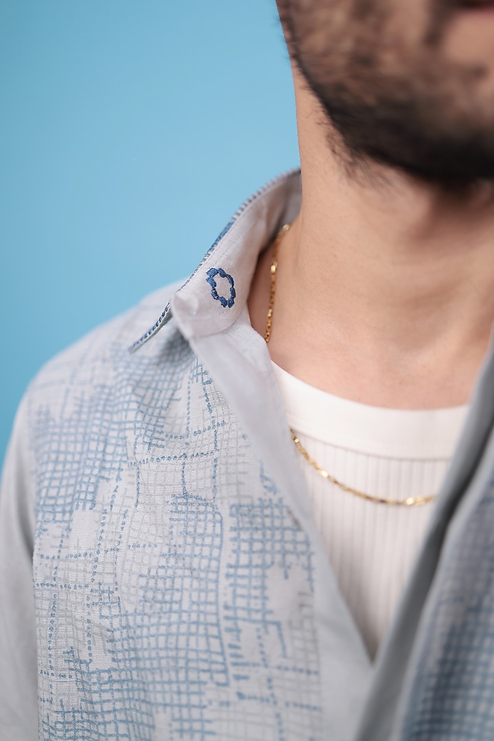 Grey Cotton Linen Hand Block Printed & Embroidered Party Wear Shirt by The Culture at Pernia's Pop Up Shop