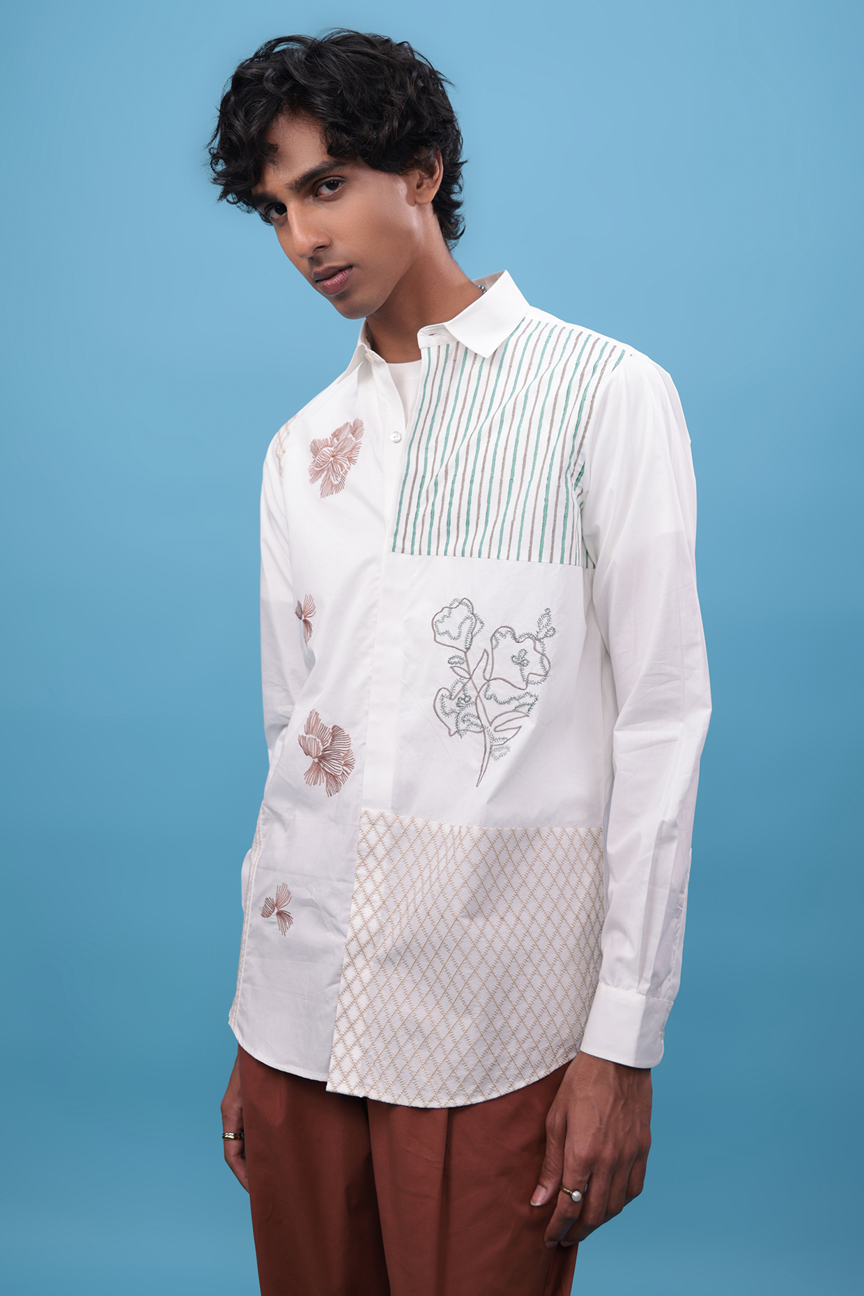 Off-White Egyptian Giza Cotton Hand Block Printed & Thread Embroidered Shirt by The Culture