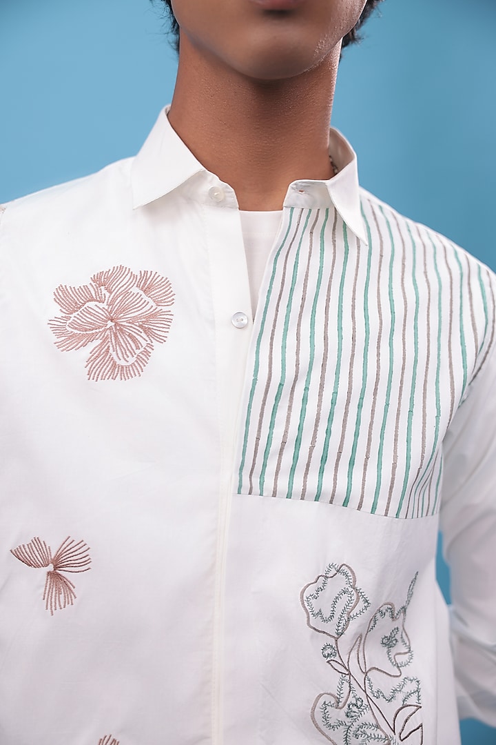 Off-White Egyptian Giza Cotton Hand Block Printed & Thread Embroidered Party Wear Shirt by The Culture at Pernia's Pop Up Shop