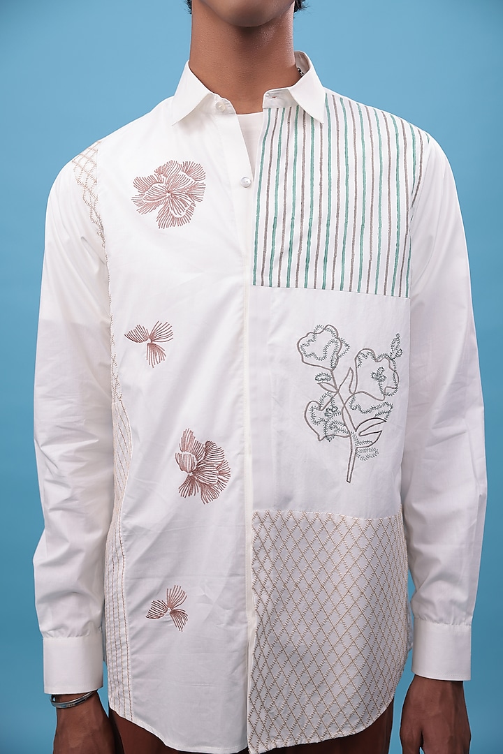 Off-White Egyptian Giza Cotton Hand Block Printed & Thread Embroidered Party Wear Shirt by The Culture at Pernia's Pop Up Shop